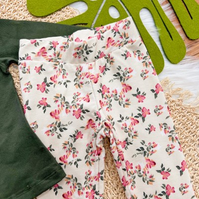 Conj. Blusa Manga Longa e Legging Floral - Verde e Areia